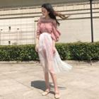 Set : Off-shoulder Elbow-sleeve Dress + White Mesh Skirt