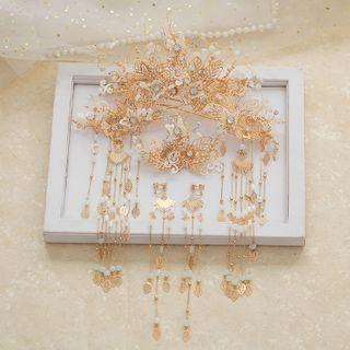 Set: Wedding Branches Tiara + Hair Stick + Hair Clip + Fringed Earring Set - Gold - One Size
