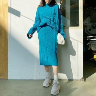 Set: Drop-shoulder Cable-knit Sweater + Long Skirt