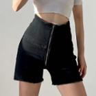 High-waist Frayed Zip-up Denim Shorts