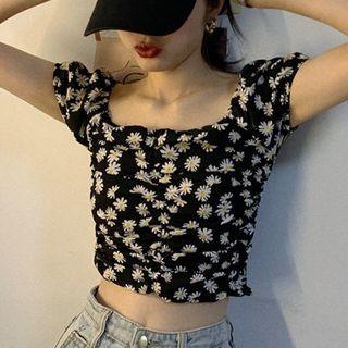 Floral Off-shoulder Short-sleeve Cropped Blouse Black - One Size