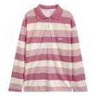 Long-sleeve Striped Polo Collar Top Stripe - Pink - One Size