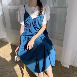 Puff-sleeve T-shirt / Midi A-line Overall Dress