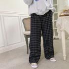 Drawcord Plaid Wide-leg Pants Navy Blue - One Size