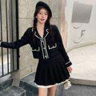 Notch Lapel Contrast Trim Jacket/ Mini A-line Skirt