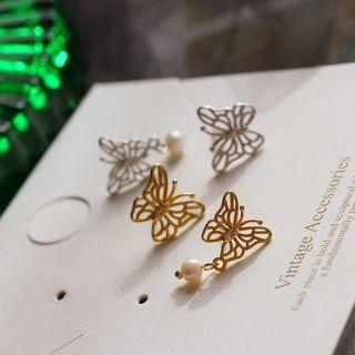 925 Sterling Silver Faux Pearl Butterfly Earring