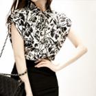 Frill-neck Cap-sleeve Floral Print Blouse