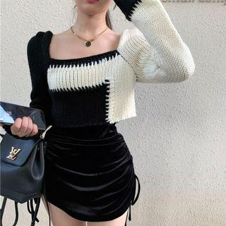 Square-neck Two-tone Knit Sweater / Drawstring Skirt