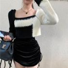 Square-neck Two-tone Knit Sweater / Drawstring Skirt