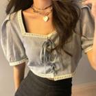 Puff-sleeve Contrast Trim Lace-up Crop Top