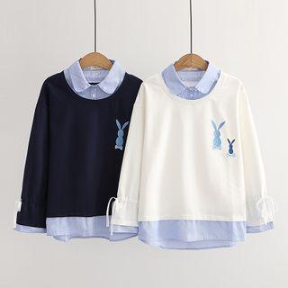 Rabbit Printed Mock Two Piece Long-sleeve Top