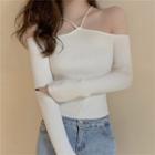 Off-shoulder Plain Knit Top White - One Size