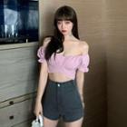 Off-shoulder Puff-sleeve Tie-back Cropped Blouse