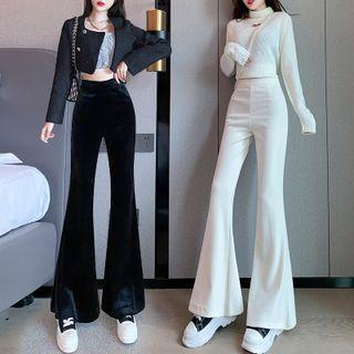 High-waist Plain Velvet Boot-cut Pants