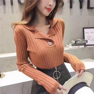 Long-sleeve Single Button Ribbed Knit Top
