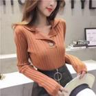 Long-sleeve Single Button Ribbed Knit Top