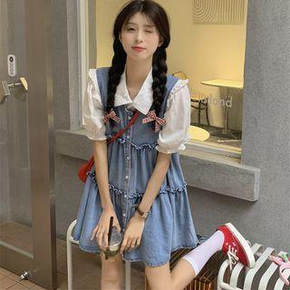 Puff-sleeve Plain Shirt + Ruffled Denim Dress