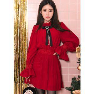 Lace-trim Gathered Chiffon Dress