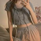 Short-sleeve Plain Lace-up Cropped Top Gray - One Size