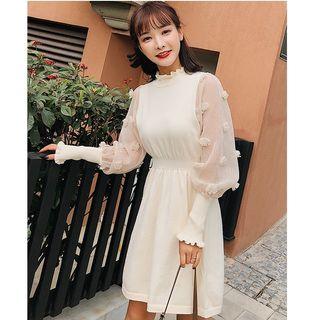 Mesh-sleeve A-line Knit Dress
