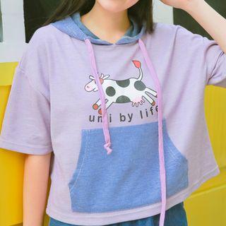 Cow Print Hooded Elbow-sleeve T-shirt