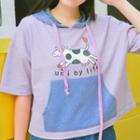 Cow Print Hooded Elbow-sleeve T-shirt