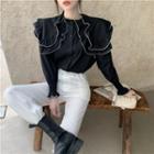 Peter-pan Collar Two-tone Top / High-waist Wide-leg Pants