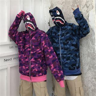 Camouflage Cartoon Print Hooded Zip Jacket