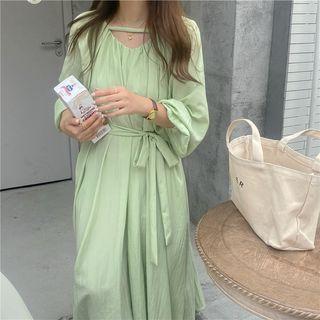 Puff-sleeve Tie Waist Midi Smock Dress