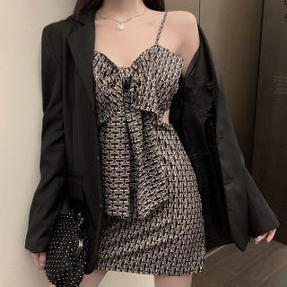 Plain Blazer / Spaghetti Strap Patterned Mini Dress