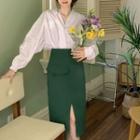 Puff-sleeve Shirt / Belt / Midi A-line Skirt / Set
