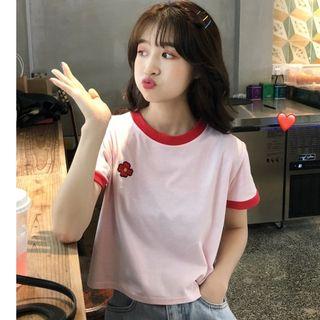Contrast Trim Short-sleeve T-shirt Pink - One Size