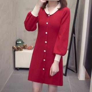 Long-sleeve Contrast Collar Mini Shift Dress