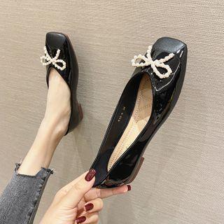 Square-toe Faux Pearl Bow Flats