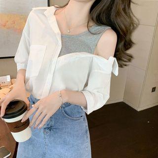 Mock Two-piece Shirt / Denim Mini A-line Skirt