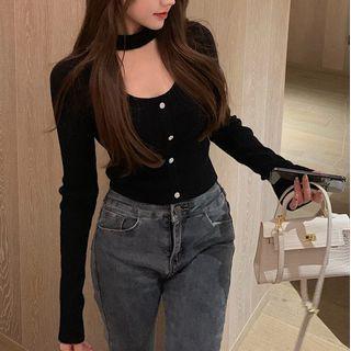 Halter-neck Plain Long-sleeve Knit Top