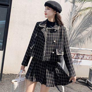 Set: Plaid Button Tweed Jacket + A-line Skirt