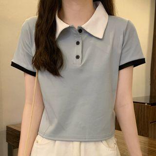 Polo-neck Cropped Short-sleeve T-shirt