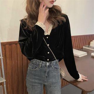 V-neck Lace Trim Cropped Blouse Black - One Size