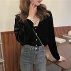 V-neck Lace Trim Cropped Blouse Black - One Size