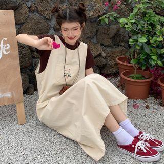 Short-sleeve T-shirt / Flower Embroidered Midi A-line Overall Dress