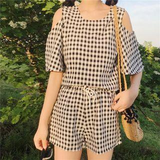 Set: Open Shoulder Plaid Short-sleeve Top + Shorts