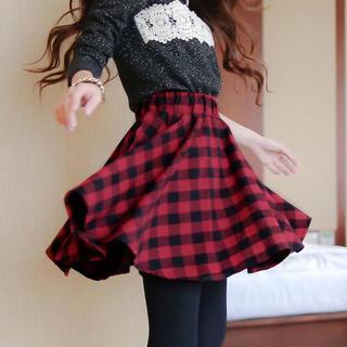 Elasticized-waist Buffalo Plaid A-line Skirt