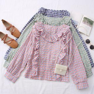 Ruffled-trim Checker V-neck Blouse