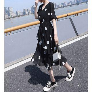 Short-sleeve Asymmetric Hem Chiffon Dress