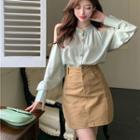 Cold-shoulder Button Up Satin Blouse / High Waist Mini Skirt