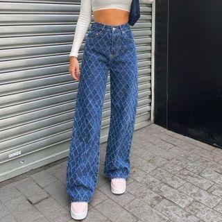 High-waist Plaid Wide-leg Jeans