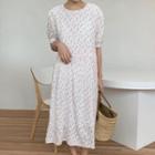 Floral Print Puff-sleeve Midi A-line Dress Off-white - One Size