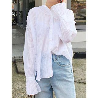 Open-placket Shirred Sheer Blouse