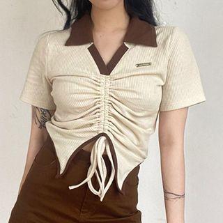 Short-sleeve Collar Contrast Trim Asymmetrical Hem Drawstring Crop Top